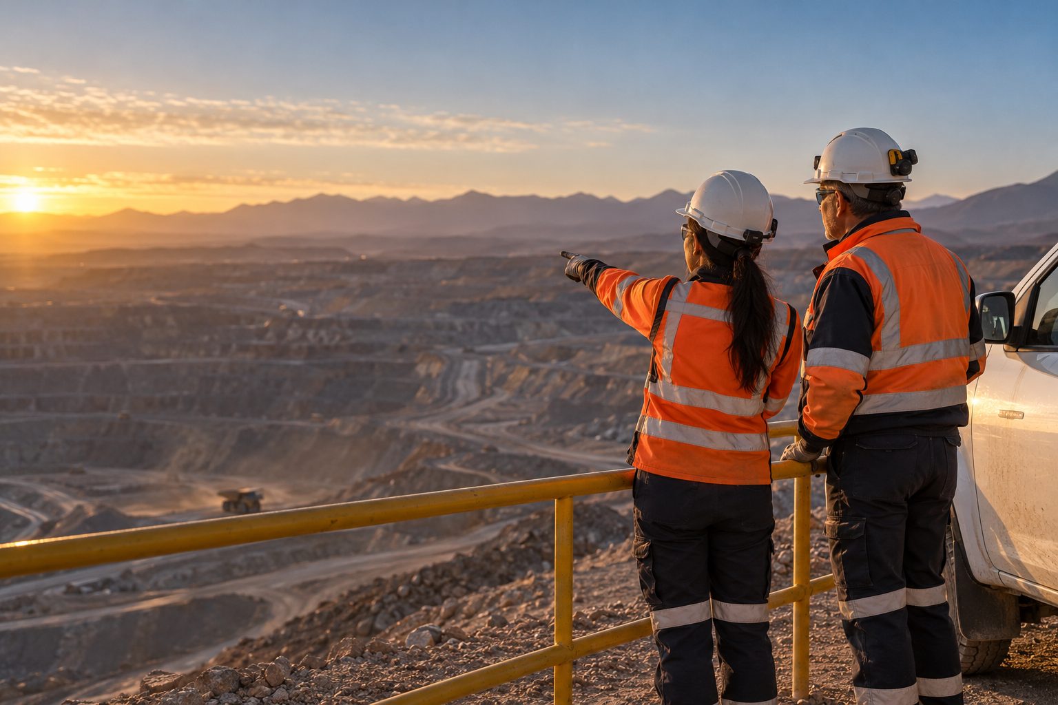 Supervisor y trabajadora observan el rajo desde un mirador al amanecer